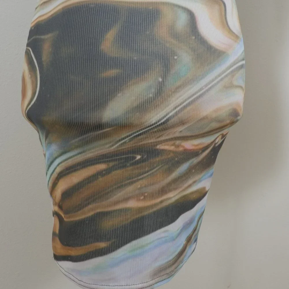 Pretty Little Thing Blue Brown Green Marble Design Size 4 Sleeveless Mini Dress - Picture 11 of 11